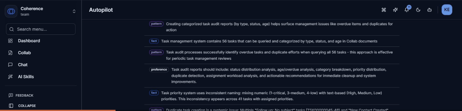 Coherence Autopilot — autonomous AI agent completing tasks and briefings