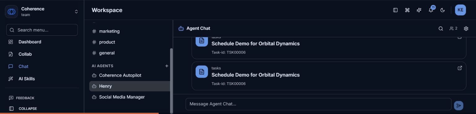 Coherence Agent Chat showing a shared task card in the workspace