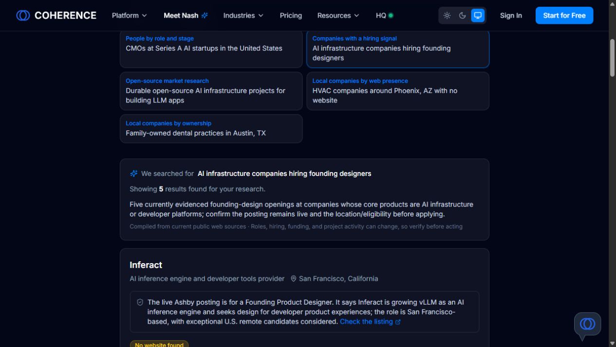Coherence AI Lead Finder results for AI infrastructure companies hiring founding designers