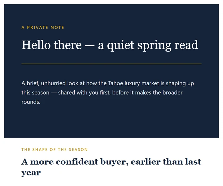An email Coherence designed for Halcyon Ridge Estates: a navy header with a gold rule under the headline “Hello there — a quiet spring read”, then a section on spring buyers