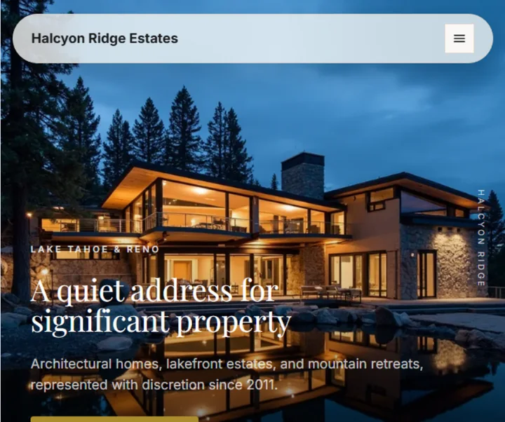 The Halcyon Ridge Estates website, built in Coherence from a short description: a lakefront home at dusk under the headline “A quiet address for significant property”