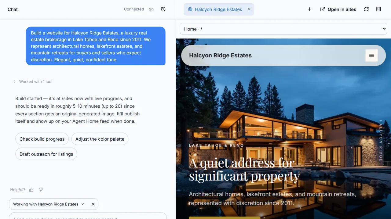 Coherence Chat building the Halcyon Ridge Estates website from a short brief, with the finished home page previewed in the canvas beside the conversation